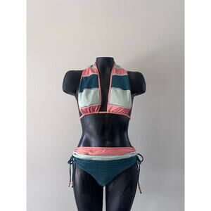 Cosita Linda Beachwear Bikini Two Piece Sz L (36) Or/Wt/Grn Stripes Ties Cutouts
